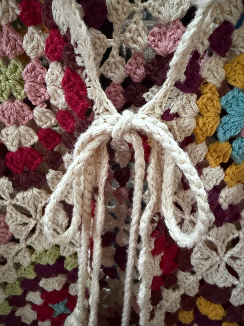 Johnny Was Multicolor Crochet Tie-Front Cardigan with Cream Trim, Stevie. - Picture 3 of 6